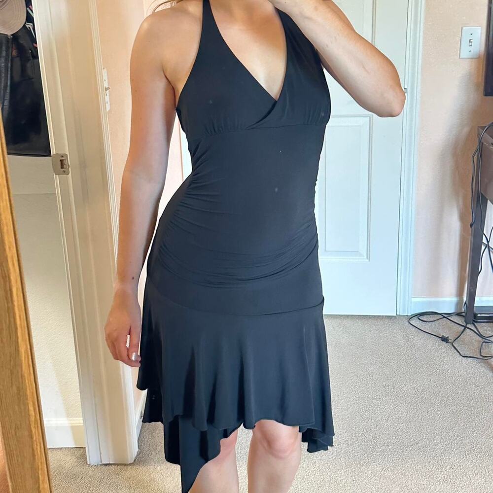 vintage y2k city triangles drop waist asymmetrical halter black dress